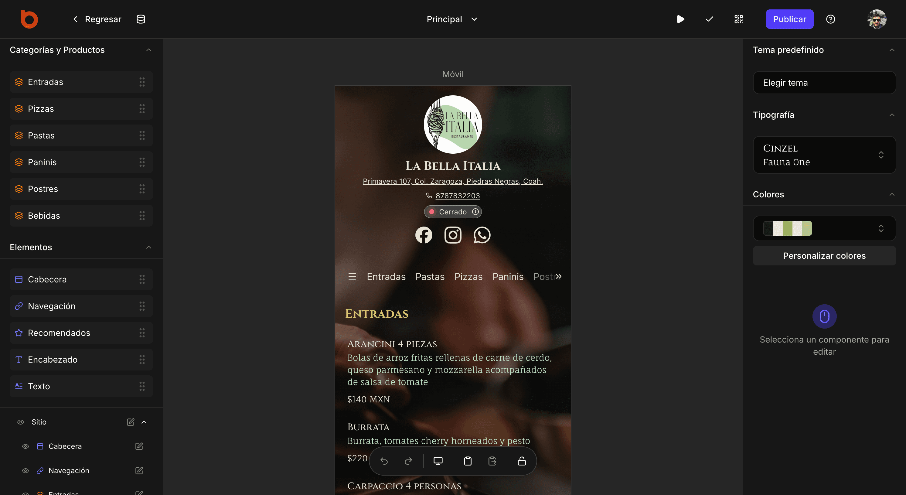 Screenshot of the web menu editor